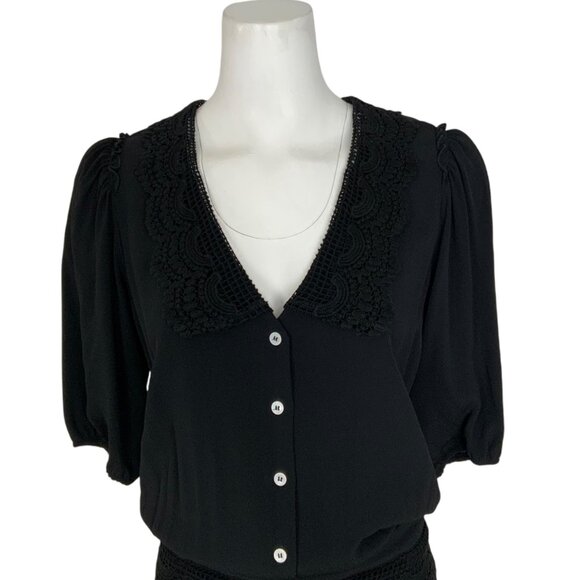 Maje Playsuit Romper 38 US/M Noir Black Lace Tiered Low Cut Back Short Sleeve - Picture 6 of 12